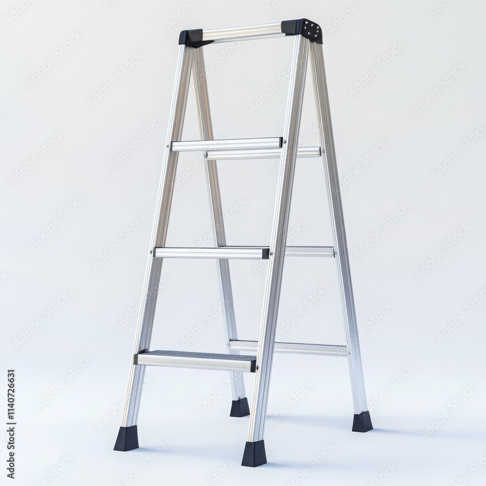 A modern aluminum ladder with a sleek, lightweight design and rubber feet on a white background A modern aluminum ladder with a sleek, lightweight design and rubber feet on a white background
