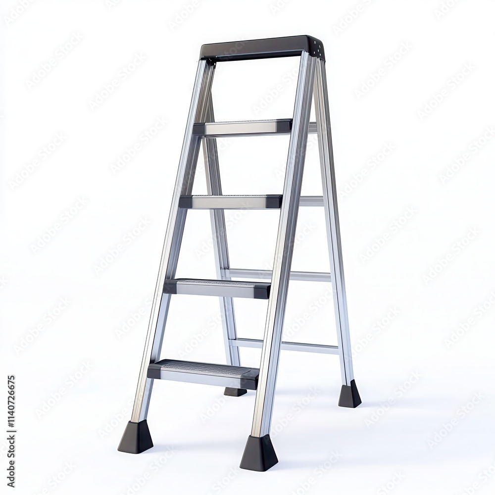 A modern aluminum ladder with a sleek, lightweight design and rubber feet on a white background A modern aluminum ladder with a sleek, lightweight design and rubber feet on a white background