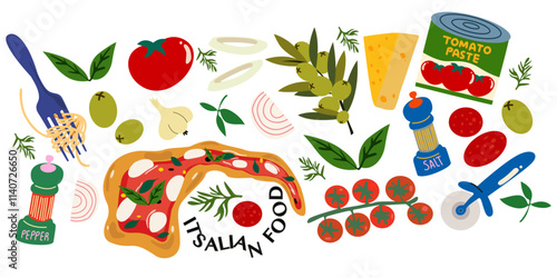 Traditional Italian cuisine. Vector retro stickers of traditional products, pizza, pasta, caprese, olive oil, tomatoes, mozzarella, parmesan cheese
