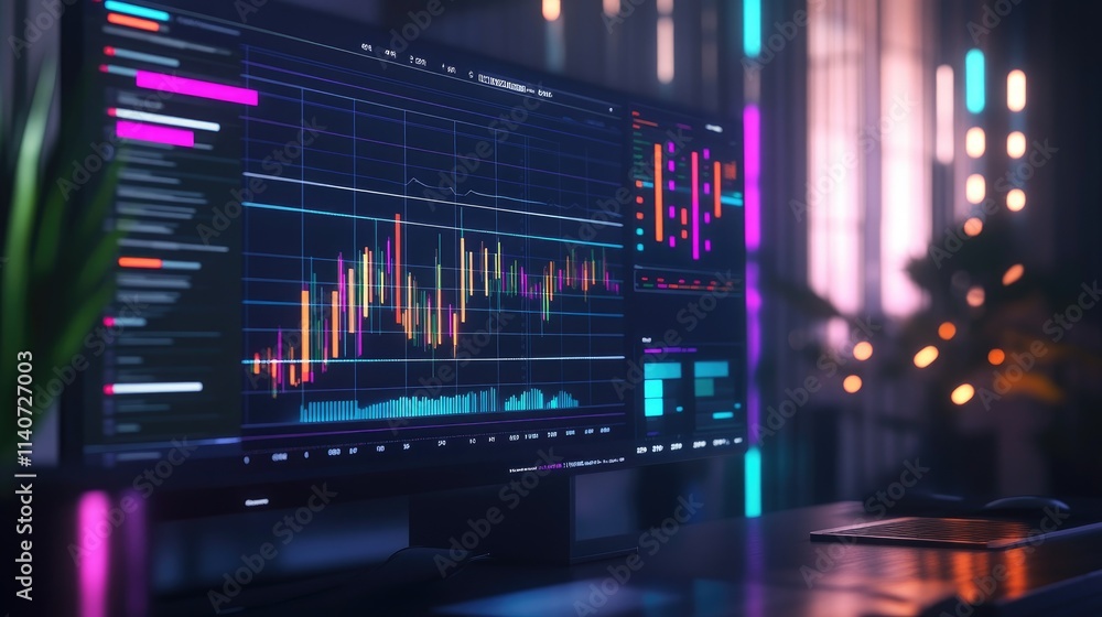 Stock market data displayed on a computer screen at night. Stock market data displayed on a computer screen at night.