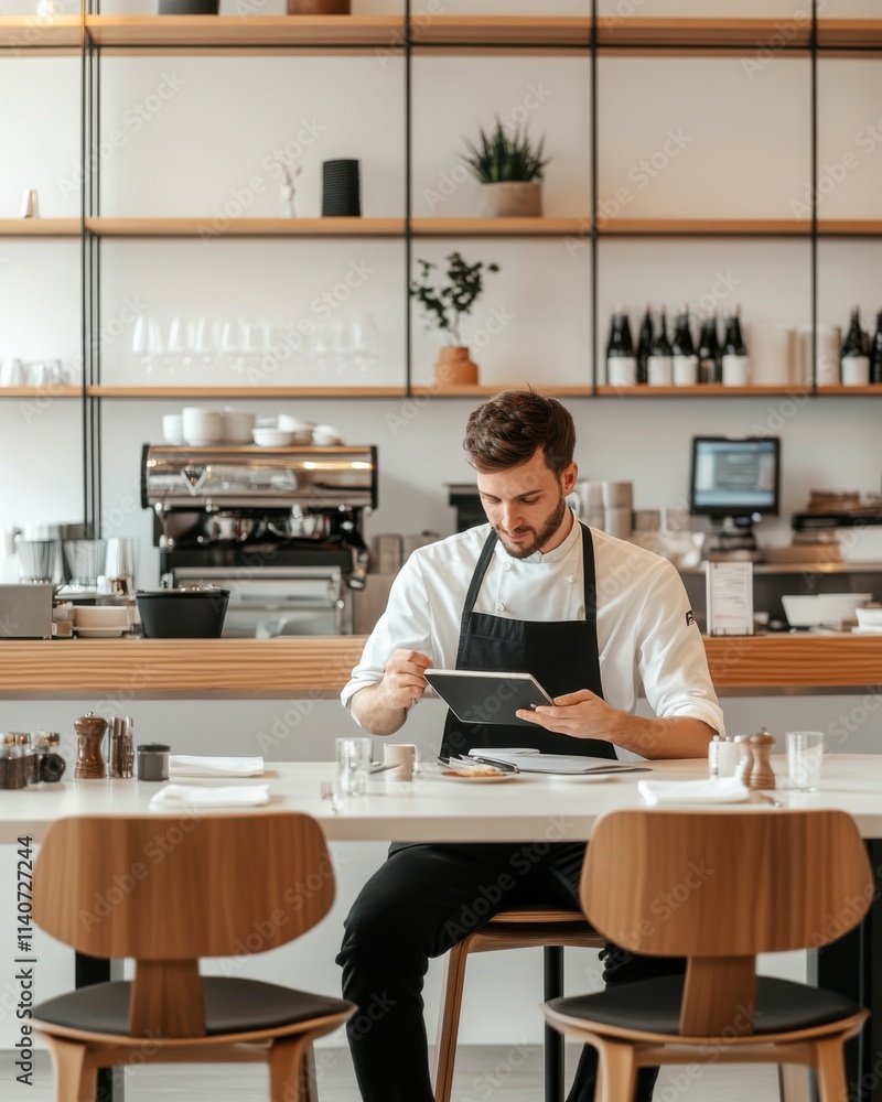 Waiter seated at a table in a modern cafe engaging with a tablet during a calm afternoon Waiter seated at a table in a modern cafe engaging with a tablet during a calm afternoon