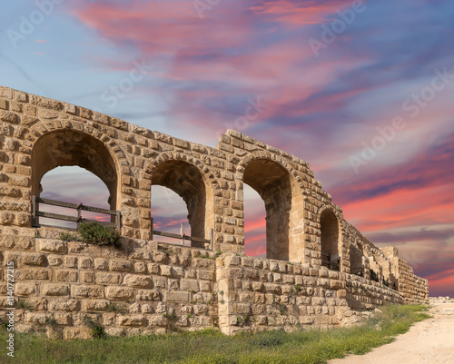 Roman ruins (against the background of a beautiful sky with clouds) in the Jordanian city of Jerash (Gerasa of Antiquity), capital and largest city of Jerash Governorate, Jordan #1140727215