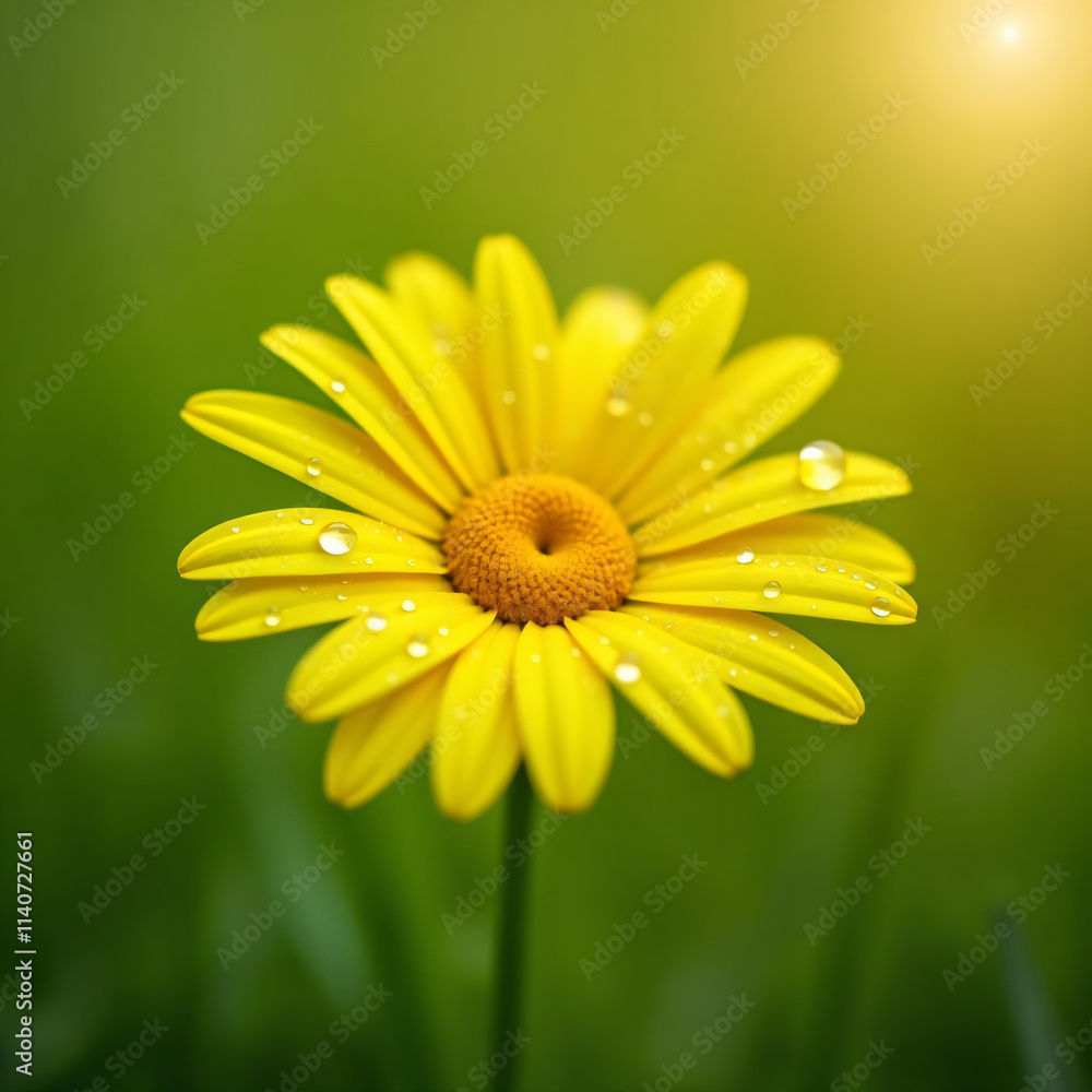 Obraz premium Bright Yellow Daisy with Dewdrops Against a Soft Green Background