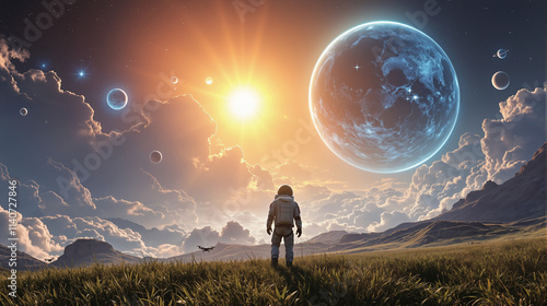 Lonely Astronaut in Golden Field Under Surreal Sky with Massive Floating Planets, Dramatic Sunset, and Starry Twilight Horizon 