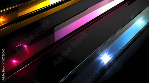 Black background with glossy, reflective surfaces and colorful light reflections. Reflective. Illustration photo