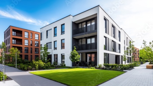 Modern Apartment Complex with Green Space and Blue Sky in Urban Setting