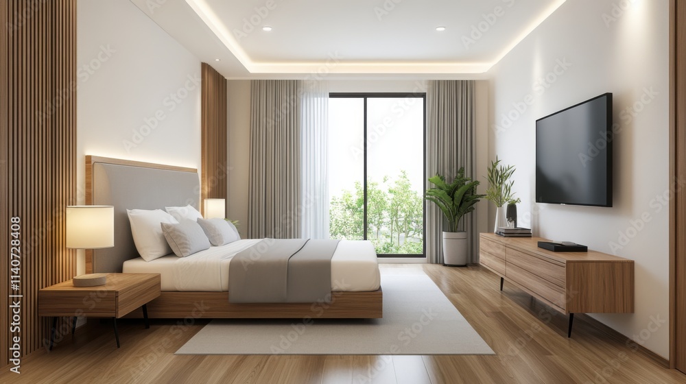 Modern minimalist bedroom design with elegant furnishings, large windows, and natural light enhancing comfort Modern minimalist bedroom design with elegant furnishings, large windows, and natural light enhancing comfort