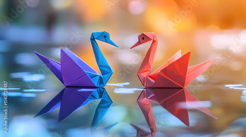 Colorful origami swan on a reflective surface with a blurred background. colorful origami swans. illustration. Reflective. Illustration photo