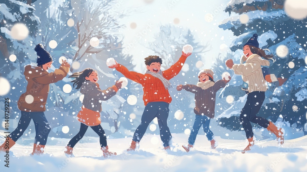 Obraz premium A family having fun in a snowball fight surrounded by softly falling snowflakes