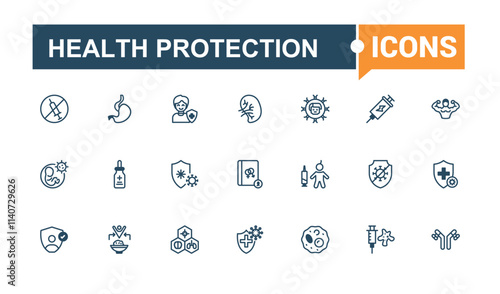Health Protection icon pack. Contains such icons as treatment, protection, infection, health, immunity, prevention, defense, shield. Minimalistic icons. Solid line editable stroke.