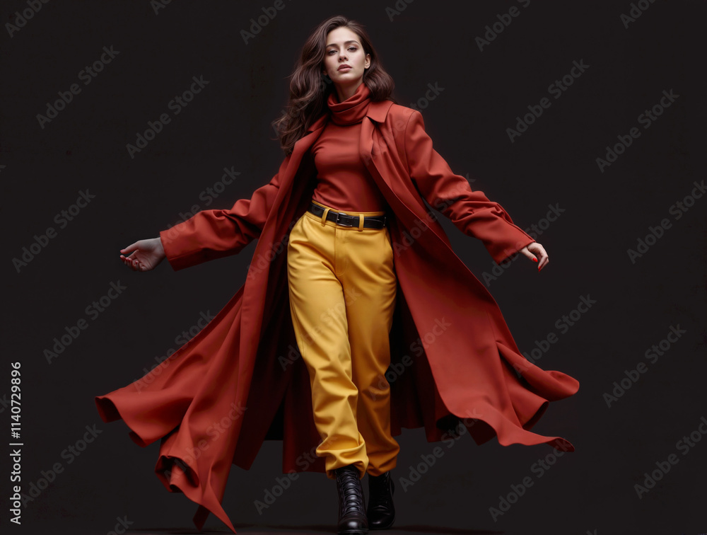 Young Caucasian woman in flowing red trench coat and yellow pants striking dynamic pose against dark background, showcasing autumn fashion with dramatic movement Young Caucasian woman in flowing red trench coat and yellow pants striking dynamic pose against dark background, showcasing autumn fashion with dramatic movement