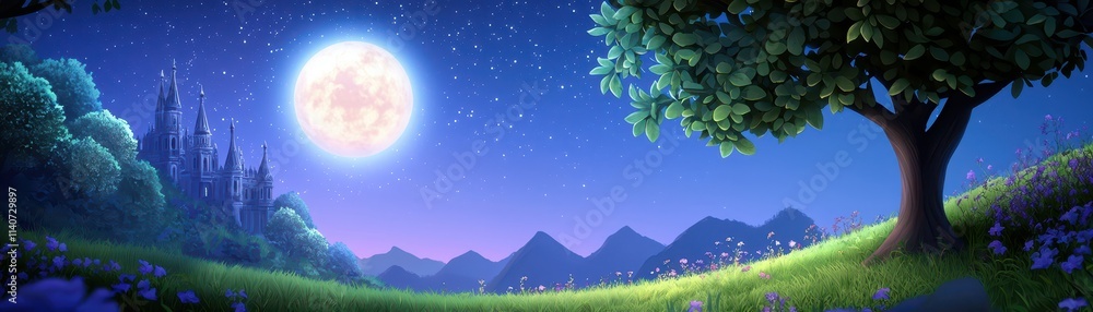 Obraz premium A serene night landscape featuring a bright moon, twinkling stars, rolling hills, and a solitary tree under a starry sky.