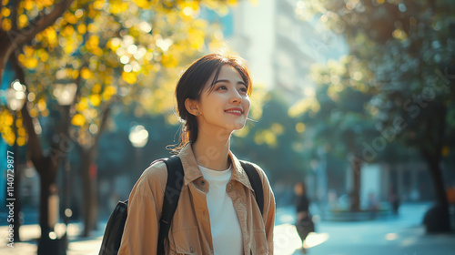 Young Woman Smiling Under Golden Autumn Trees in Urban Environment, Embracing Nature and Joyful Moments in a Lively City Setting