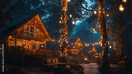 Valentine celebration in a forest resort with wooden cabins, fairy lights hanging from trees and a romantic outdoor movie night setup photo