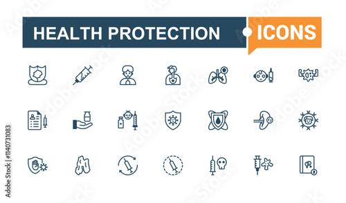 Health Protection icon pack. Contains such icons as treatment, protection, infection, health, immunity, prevention, defense, shield. Minimalistic icons. Solid line editable stroke.