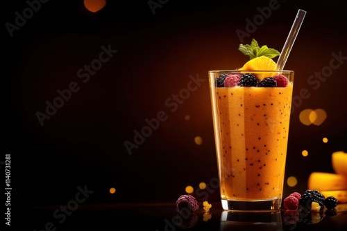 Yellow smoothie with raspberry, mint, blackberry and mango for a healthy diet. In a glass glass and with a straw. On a black background, with space for text