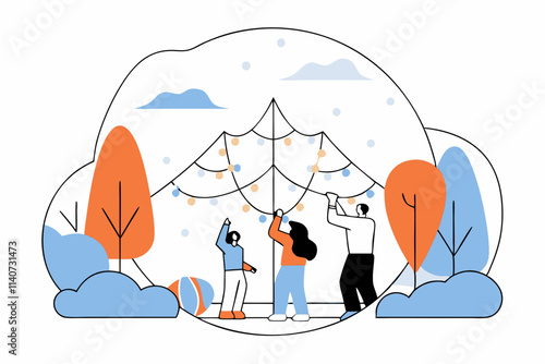 Winter Holiday Preparations with People Decorating Outdoor Christmas Tree