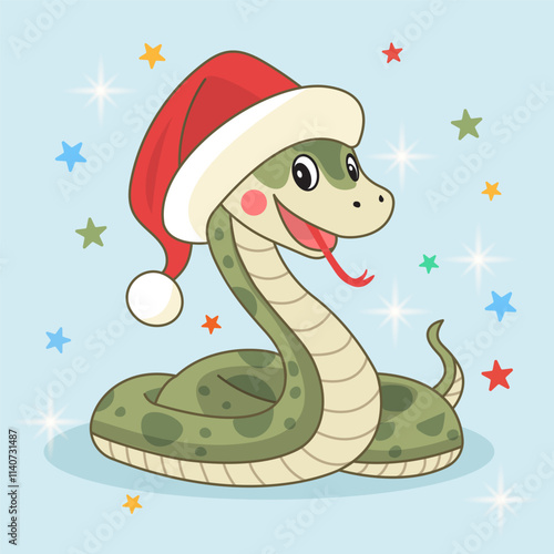 A cute snake in a Christmas hat. The green wooden snake is a symbol of the 2025 new year. Vector illustration.