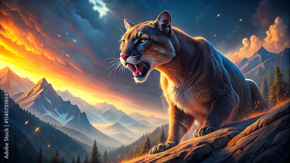 Obraz premium Surreal Growling Mountain Lion Photography: Majestic Beast, Wild Cat, Night Vision, Fantasy Art