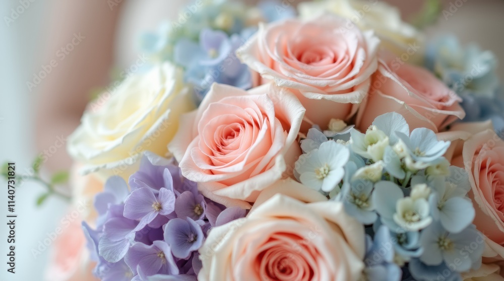 Obraz premium A close-up of a wedding bouquet featuring soft pastel flowers like blush roses, lavender, and baby blue hydrangeas, beautifully arranged to reflect a romantic theme.