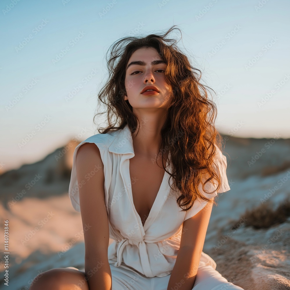 A model poses gracefully on sandy terrain during sunset. A model poses gracefully on sandy terrain during sunset.