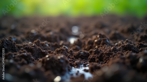 A close-up view of wet soil, showcasing its rich texture and dark color after a recent rain. 