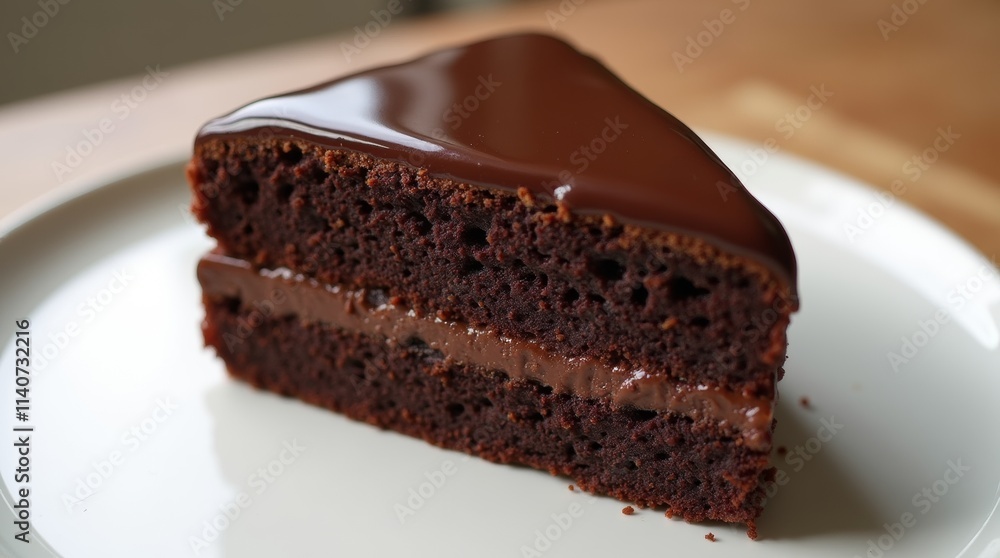 A photorealistic image of a chocolate cake slice with a glossy ganache topping, placed on a white plate, highlighting the rich texture and inviting appearance of the dessert. A photorealistic image of a chocolate cake slice with a glossy ganache topping, placed on a white plate, highlighting the rich texture and inviting appearance of the dessert.
