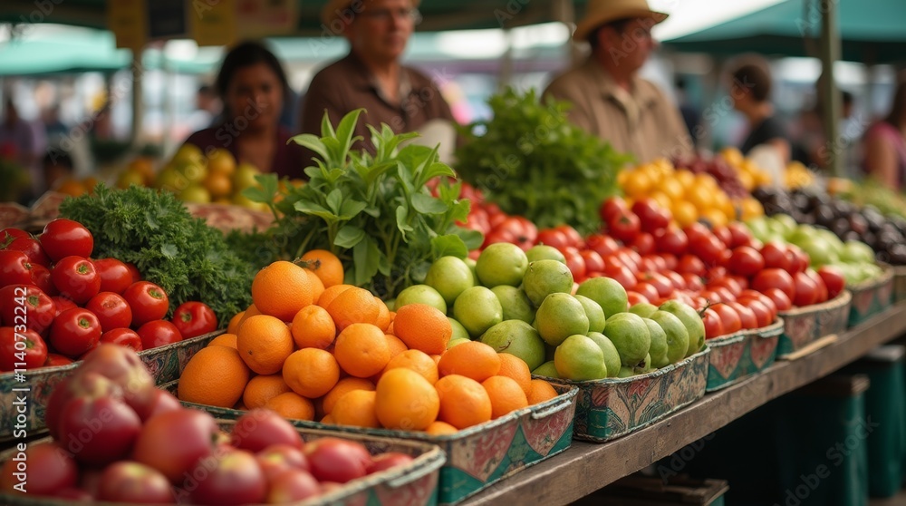 A photorealistic image of a farmer's market stall filled with a variety of fresh fruits and vegetables, highlighting the rich colors and textures of the produce in a lively outdoor setting. A photorealistic image of a farmer's market stall filled with a variety of fresh fruits and vegetables, highlighting the rich colors and textures of the produce in a lively outdoor setting.