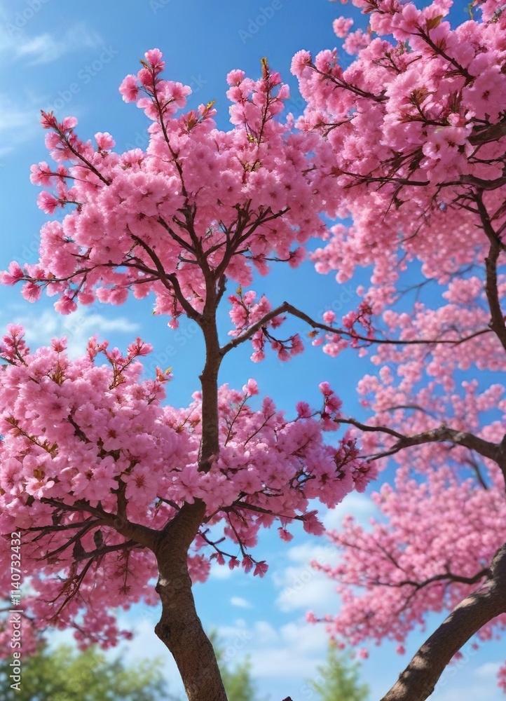 Beautiful pink blossoms tree against a bright blue sky with gentle breeze, floral, peaceful , blooming Beautiful pink blossoms tree against a bright blue sky with gentle breeze, floral, peaceful , blooming
