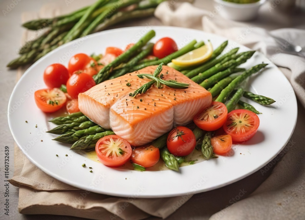A baked salmon fillet served with a bed of fresh green asparagus and sliced tomatoes on a elegant white plate, white plate, restaurant fare A baked salmon fillet served with a bed of fresh green asparagus and sliced tomatoes on a elegant white plate, white plate, restaurant fare