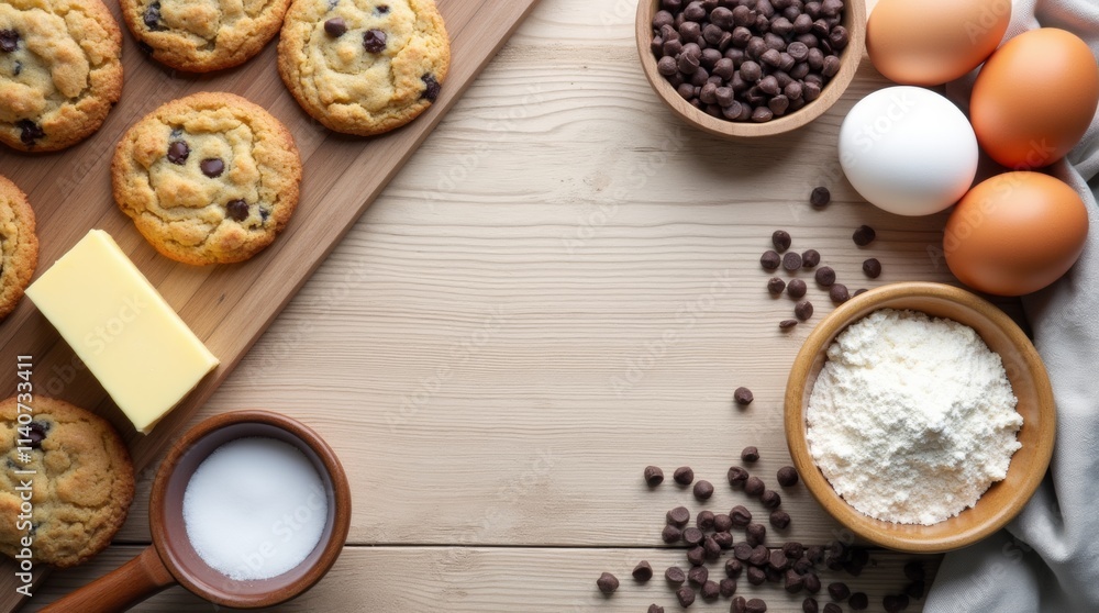 Baking cookies essential ingredients, top view with space for text. Food backdrop. Baking cookies essential ingredients, top view with space for text. Food backdrop.