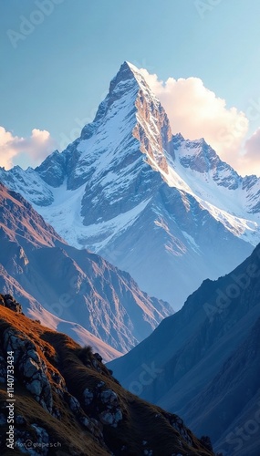 Snow-capped peaks of Mount Shkhara glistening in the morning light, scenery, mountains photo