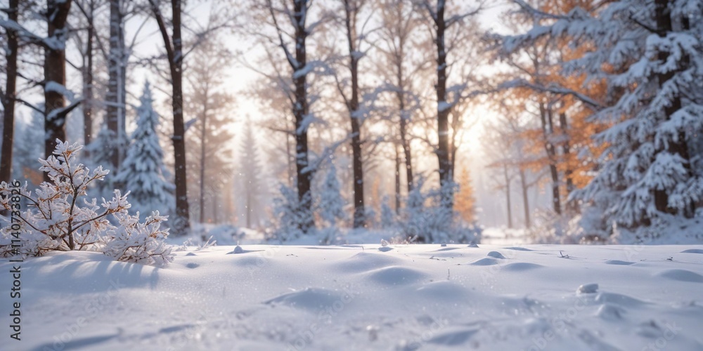 Fototapeta premium Snowflakes fall softly on a bed of soft white snow with trees in the distance , cold, quiet, soft