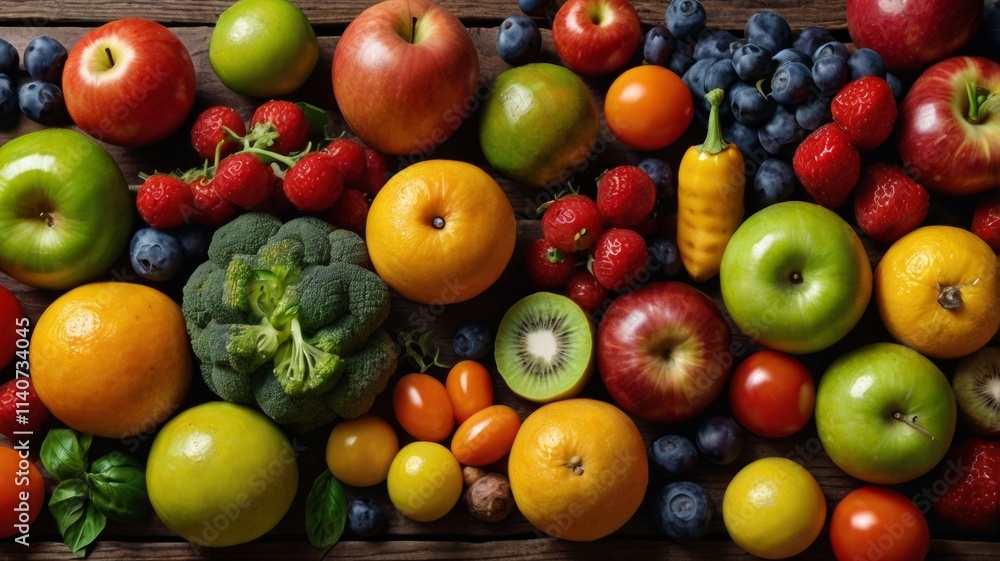 A close-up of a vibrant assortment of fresh fruits and vegetables arranged on a wooden table, showcasing their colors and textures, perfect for a healthy lifestyle theme. A close-up of a vibrant assortment of fresh fruits and vegetables arranged on a wooden table, showcasing their colors and textures, perfect for a healthy lifestyle theme.