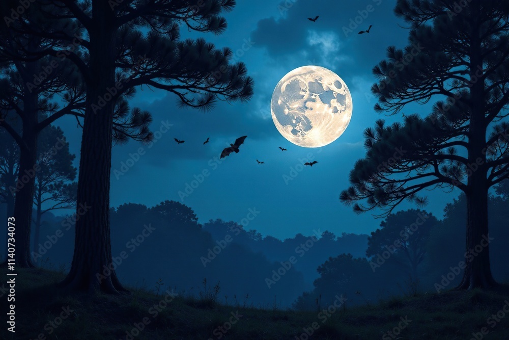 A forest at dusk with bats emerging from the trees under full moon, wildlife, full moon A forest at dusk with bats emerging from the trees under full moon, wildlife, full moon