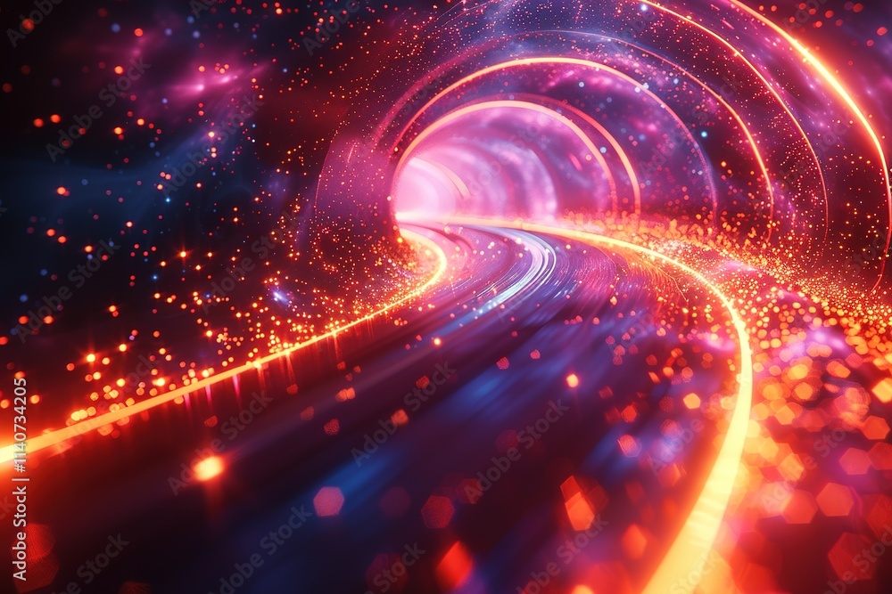 A tunnel with a bright red wall and orange lights A tunnel with a bright red wall and orange lights