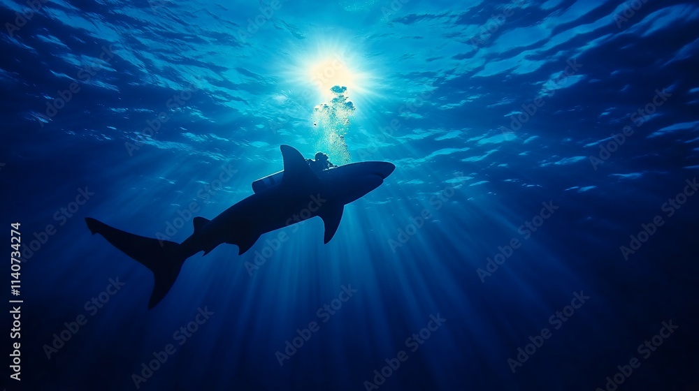 Silhouetted shark swimming in sunlit ocean depths. Silhouetted shark swimming in sunlit ocean depths.