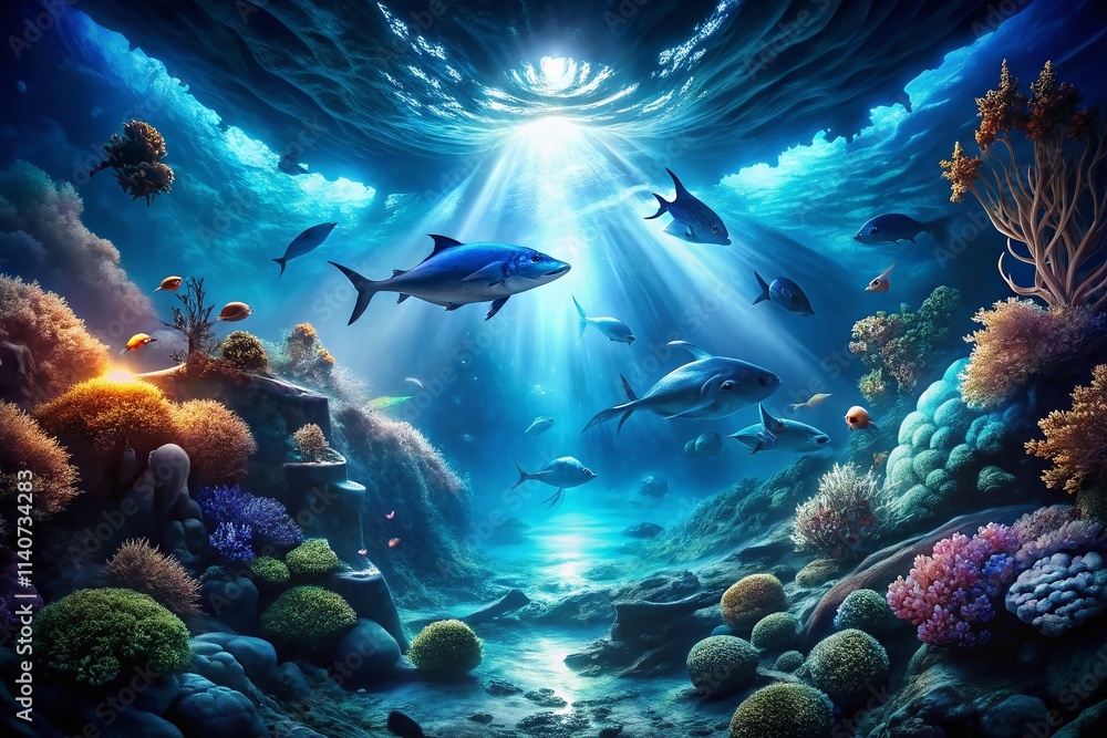 Fototapeta premium Surreal Navy Blue Ocean Dreamscape: Abstract Underwater Photography, Deep Sea Fantasy Art