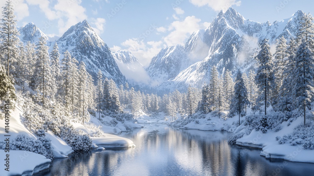 Fototapeta premium Serene winter landscape featuring snow-capped mountains and a tranquil river reflecting the blue sky.