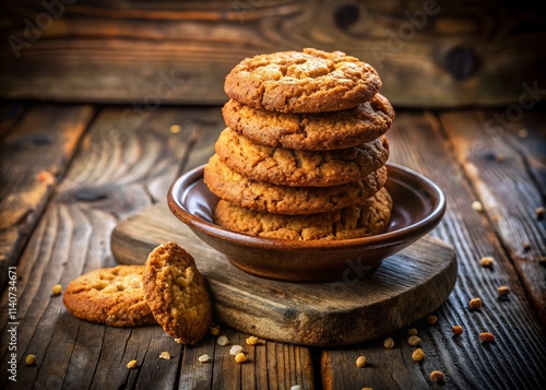 Surreal Oatmeal Cookie Stack: Dreamy Food Photography, Wooden Table, Saucer, Whimsical Bakery photo