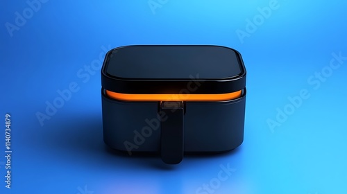 new modern ai high technology luxury beautiful electronic product design air fryer black square machine for bake cook fried skew on blue background photo