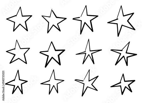 Set of Hand-Drawn Black Stars on White Background