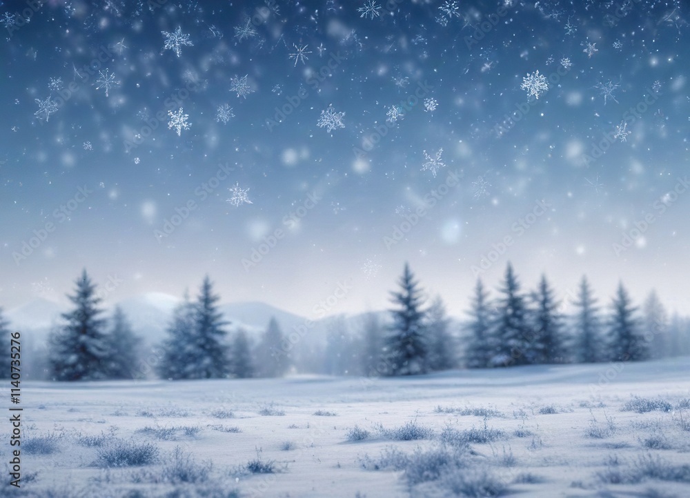 Soft focus image of an abstract blue and white gradient background with small symmetrical snowflakes falling in a winter landscape , calm atmosphere, snowy scene Soft focus image of an abstract blue and white gradient background with small symmetrical snowflakes falling in a winter landscape , calm atmosphere, snowy scene