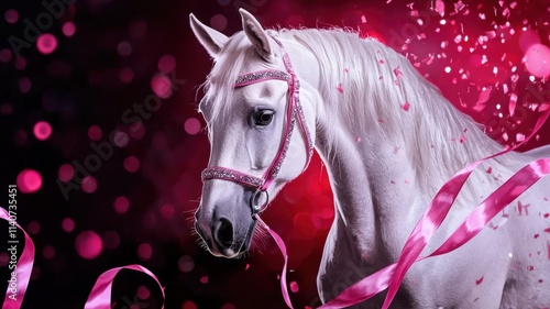 A majestic white horse adorned with a pink bridle, surrounded by vibrant pink ribbons and sparkling confetti against a dramatic background. photo