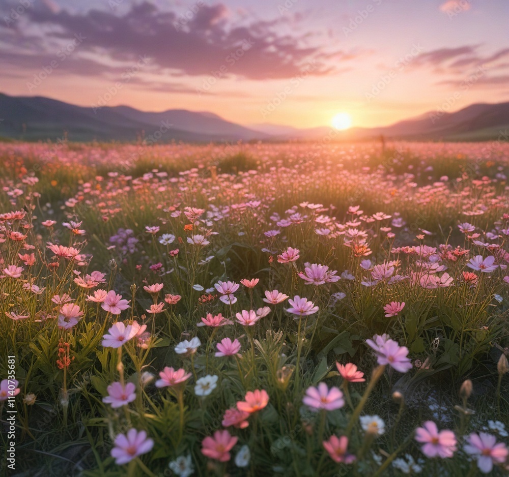 Obraz premium Soft focus sunset over a wildflower-filled meadow with gentle hues of pink and orange, flower fields, landscape, peaceful