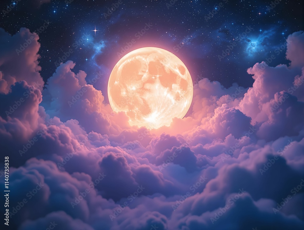 serene night sky with a full moon shining brightly, surrounded by fluffy clouds and twinkling stars. The light from the moon casts a warm glow, creating a tranquil and dreamy atmosphere. serene night sky with a full moon shining brightly, surrounded by fluffy clouds and twinkling stars. The light from the moon casts a warm glow, creating a tranquil and dreamy atmosphere.