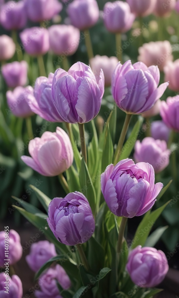 Soft light falls on lilac colored double tulips, garden scene, lilac tulips, soft focus sun glare Soft light falls on lilac colored double tulips, garden scene, lilac tulips, soft focus sun glare