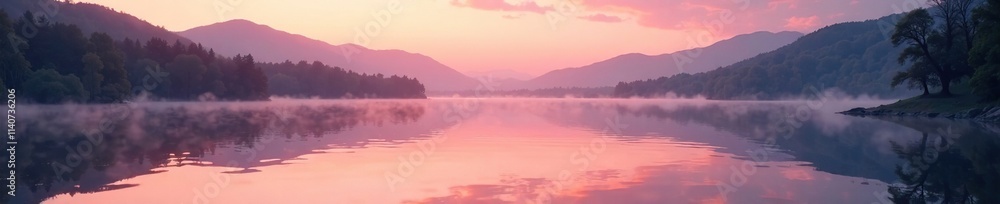 Soft pink and peach tones on tranquil lake at dusk, reflection, idyllic, sunset Soft pink and peach tones on tranquil lake at dusk, reflection, idyllic, sunset