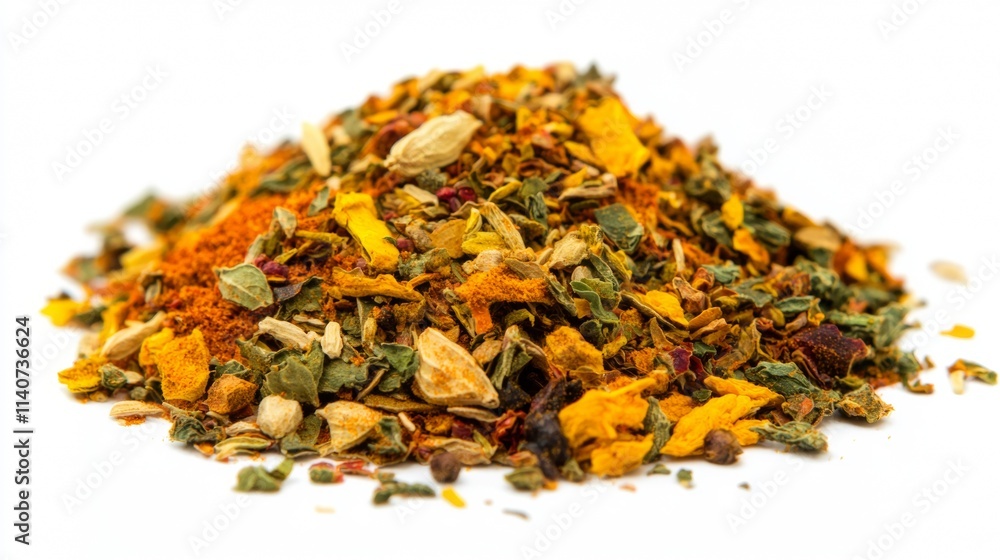Variety of dried herbs and spices piled together on a white background demonstrating rich colors and textures Variety of dried herbs and spices piled together on a white background demonstrating rich colors and textures