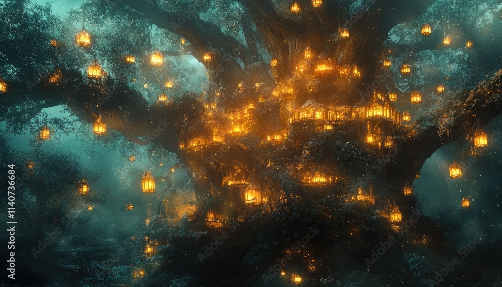 Naklejka premium A Mystical Treehouse Village Adorned with Lanterns